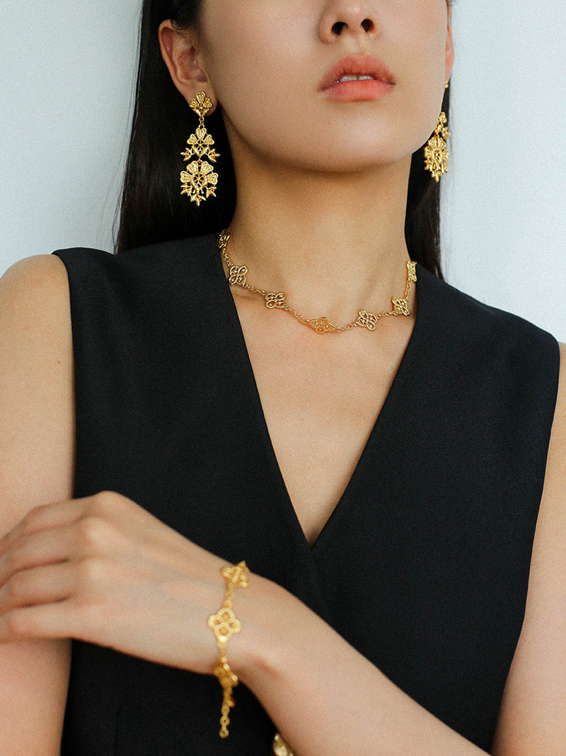 Filigree Lace Drop Earrings - Gold