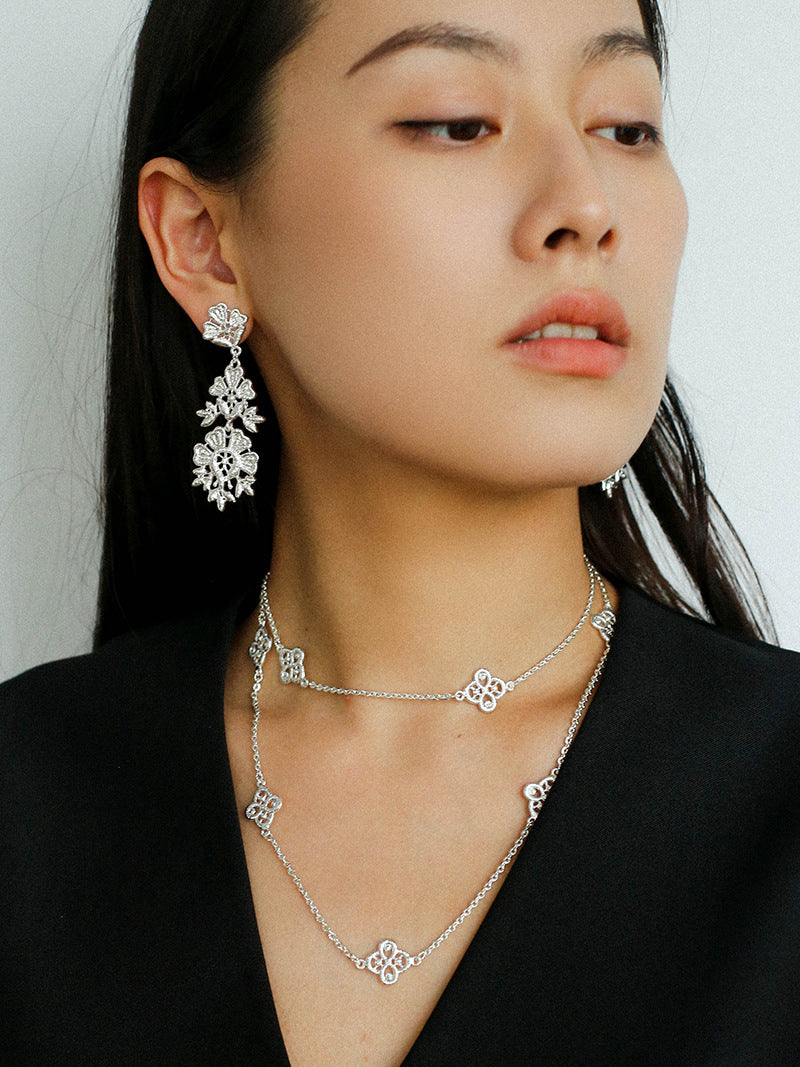 Filigree Lace Drop Earrings - Silver
