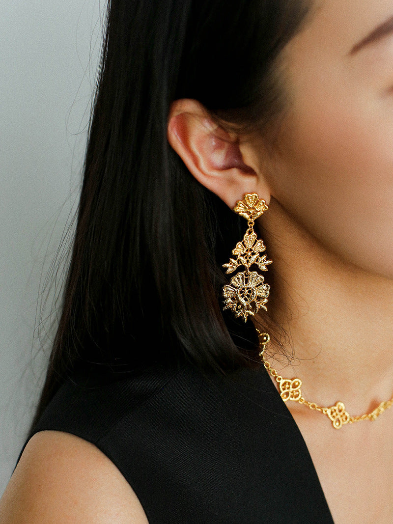 Filigree Lace Drop Earrings - Gold