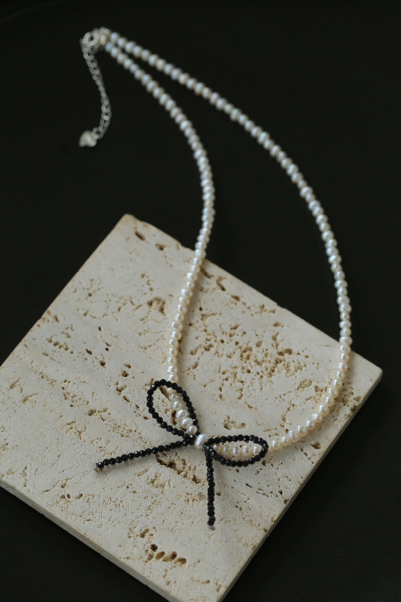 Rice Pearl & Black Spinel Bowknot Choker
