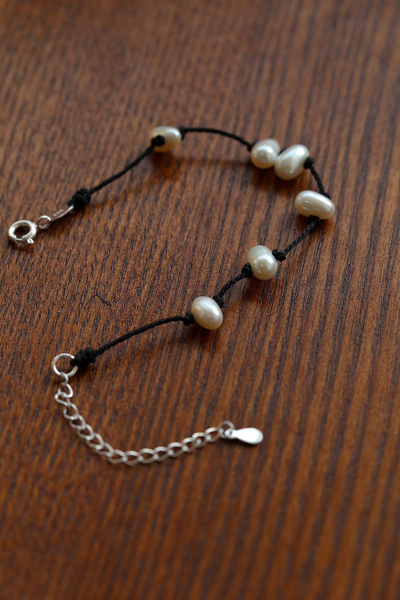 Tied Grace Black Cord Pearl Bracelet