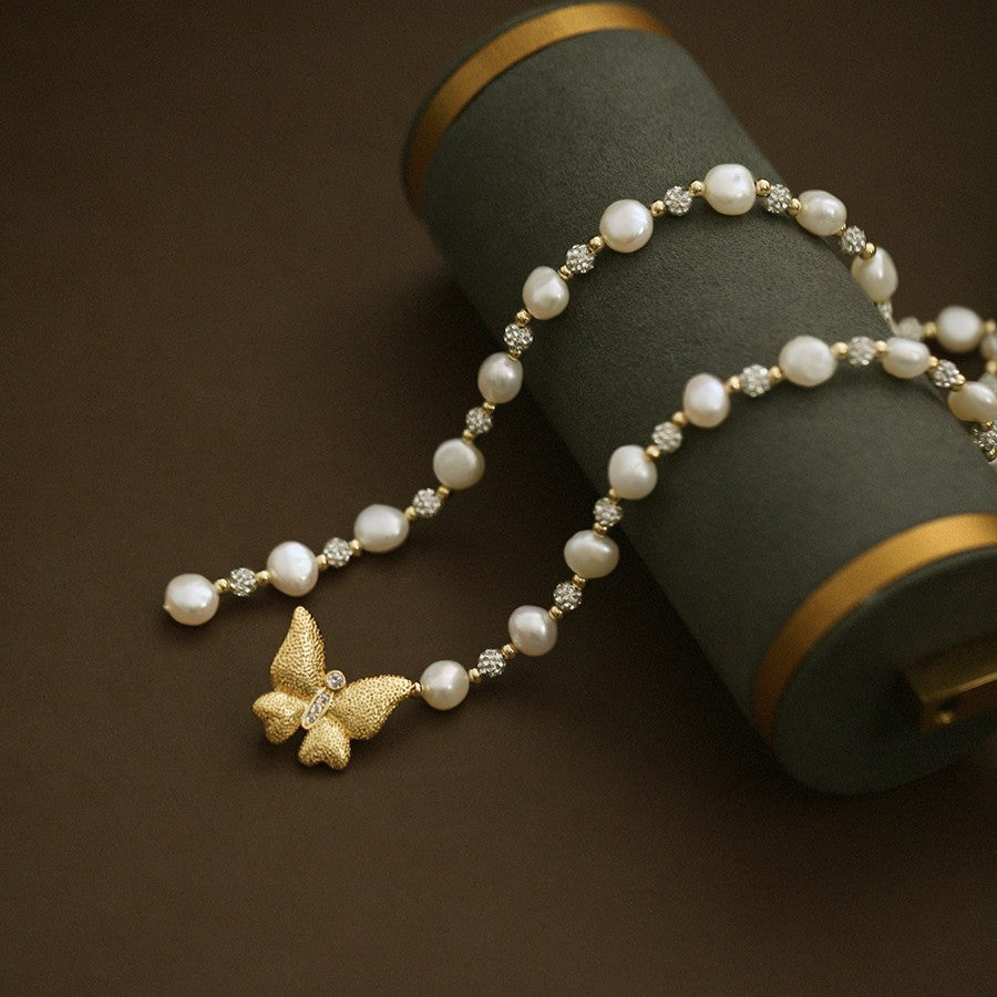 Butterfly Pearl & Zircon Beaded Long Necklace
