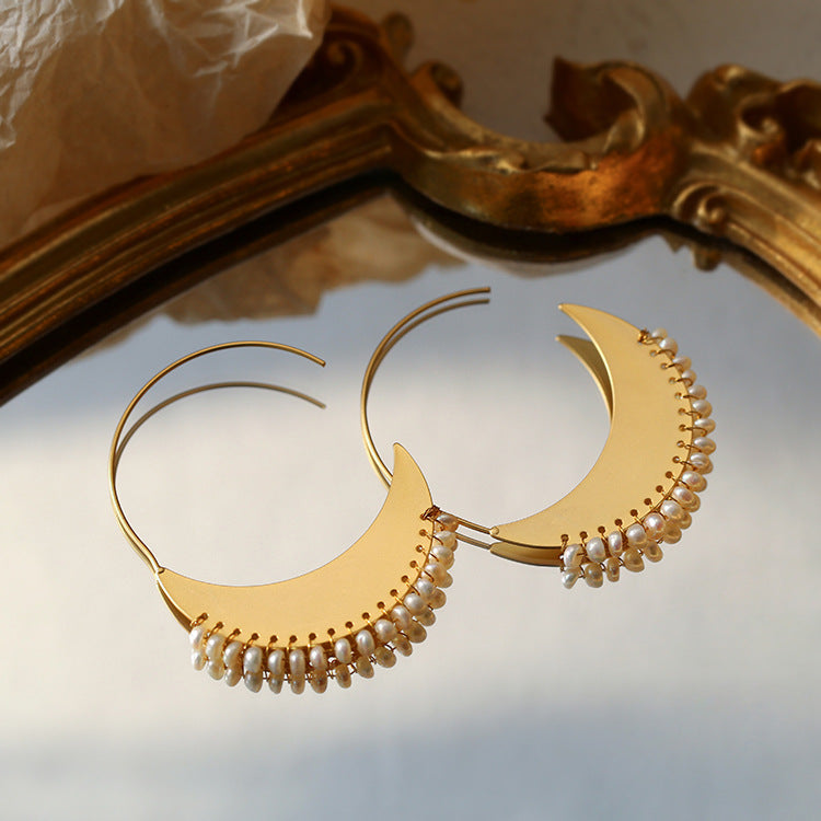 Luna Woven Pearl Crescent Hoop Earrings