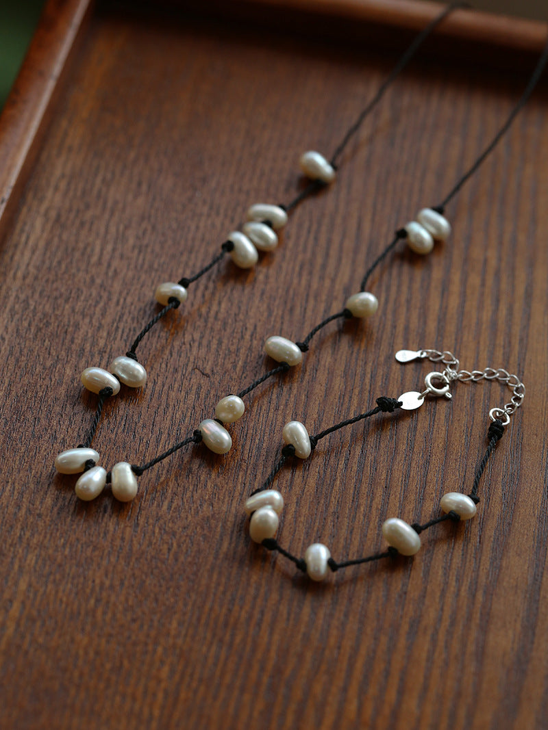 Tied Grace Black Cord Pearl Bracelet