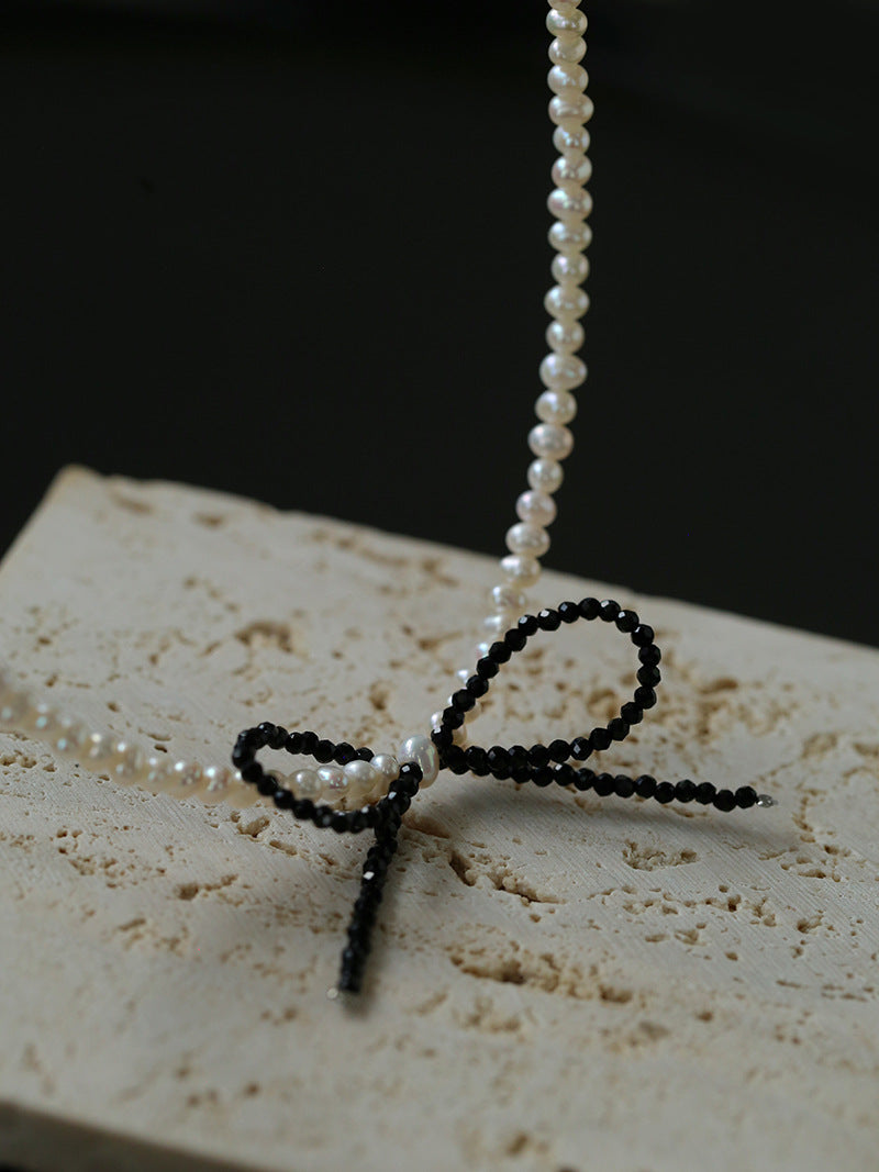 Rice Pearl & Black Spinel Bowknot Choker