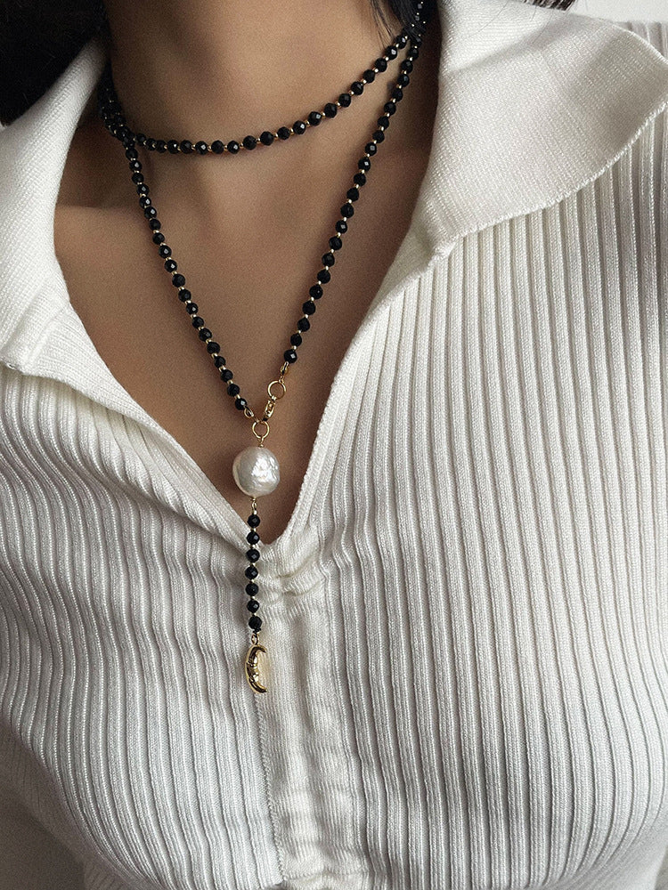 Baroque Pearl & Onyx Moon Pendant Y Necklace