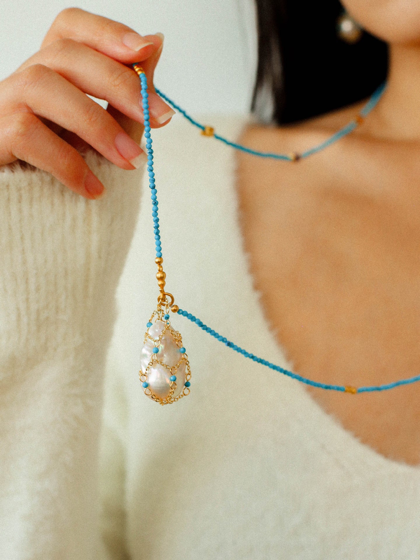 Blue Turquoise Net-Wrapped Baroque Pearl Necklace