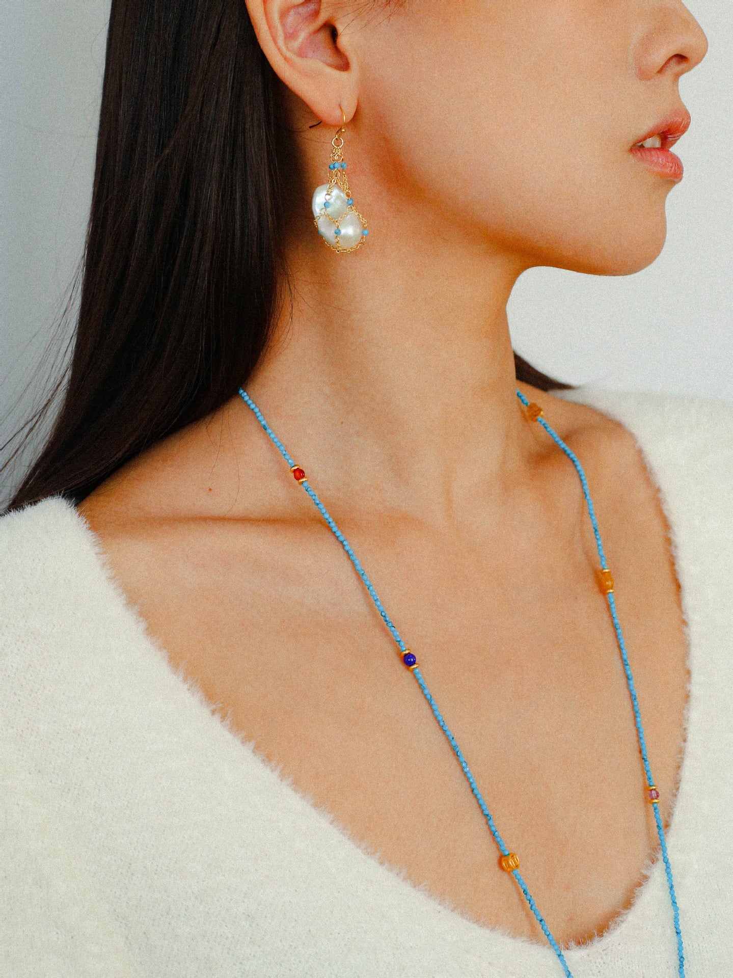 Blue Turquoise Net-Wrapped Baroque Pearl Earrings