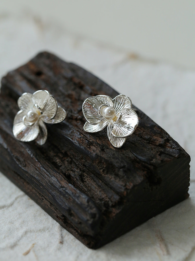 Silver Orchid Pearl Stud Earrings