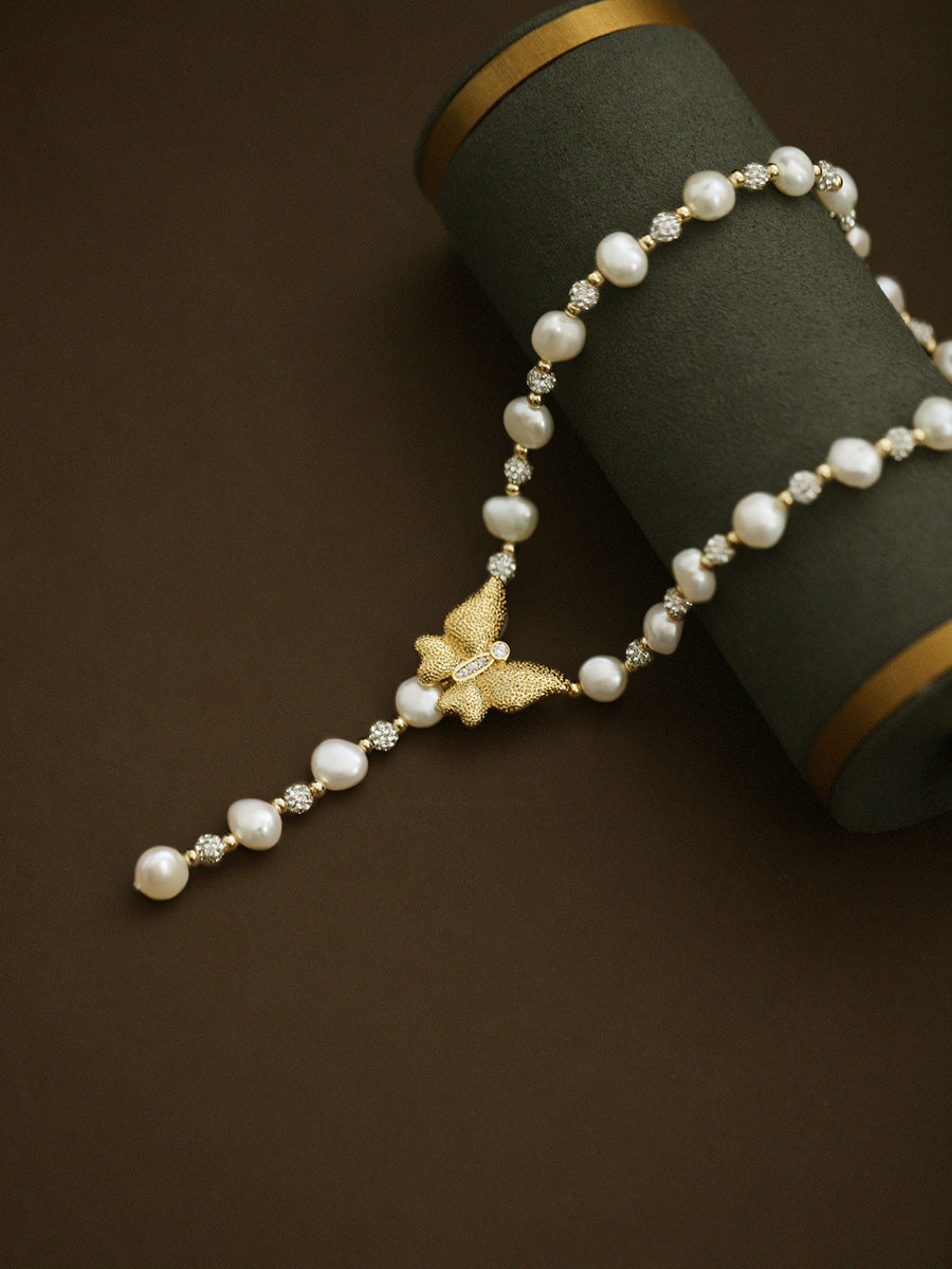 Butterfly Pearl & Zircon Beaded Long Necklace