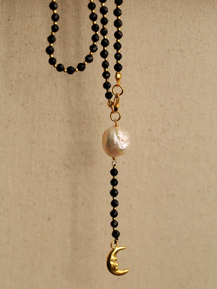 Baroque Pearl & Onyx Moon Pendant Y Necklace