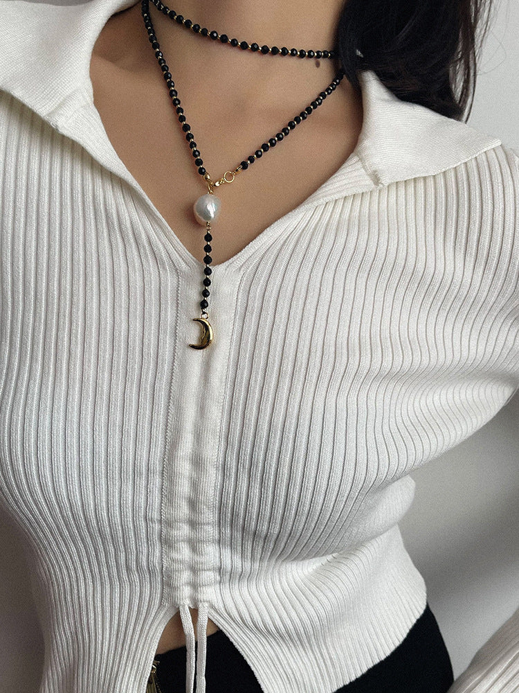 Baroque Pearl & Onyx Moon Pendant Y Necklace