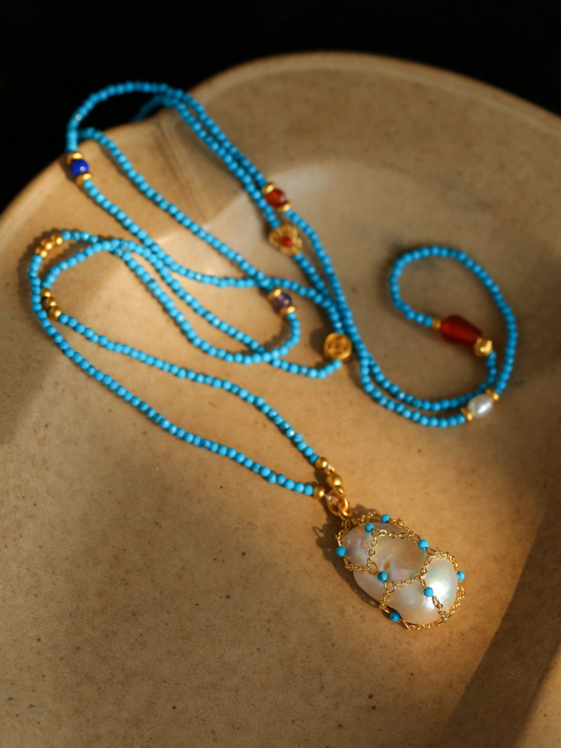 Blue Turquoise Net-Wrapped Baroque Pearl Necklace