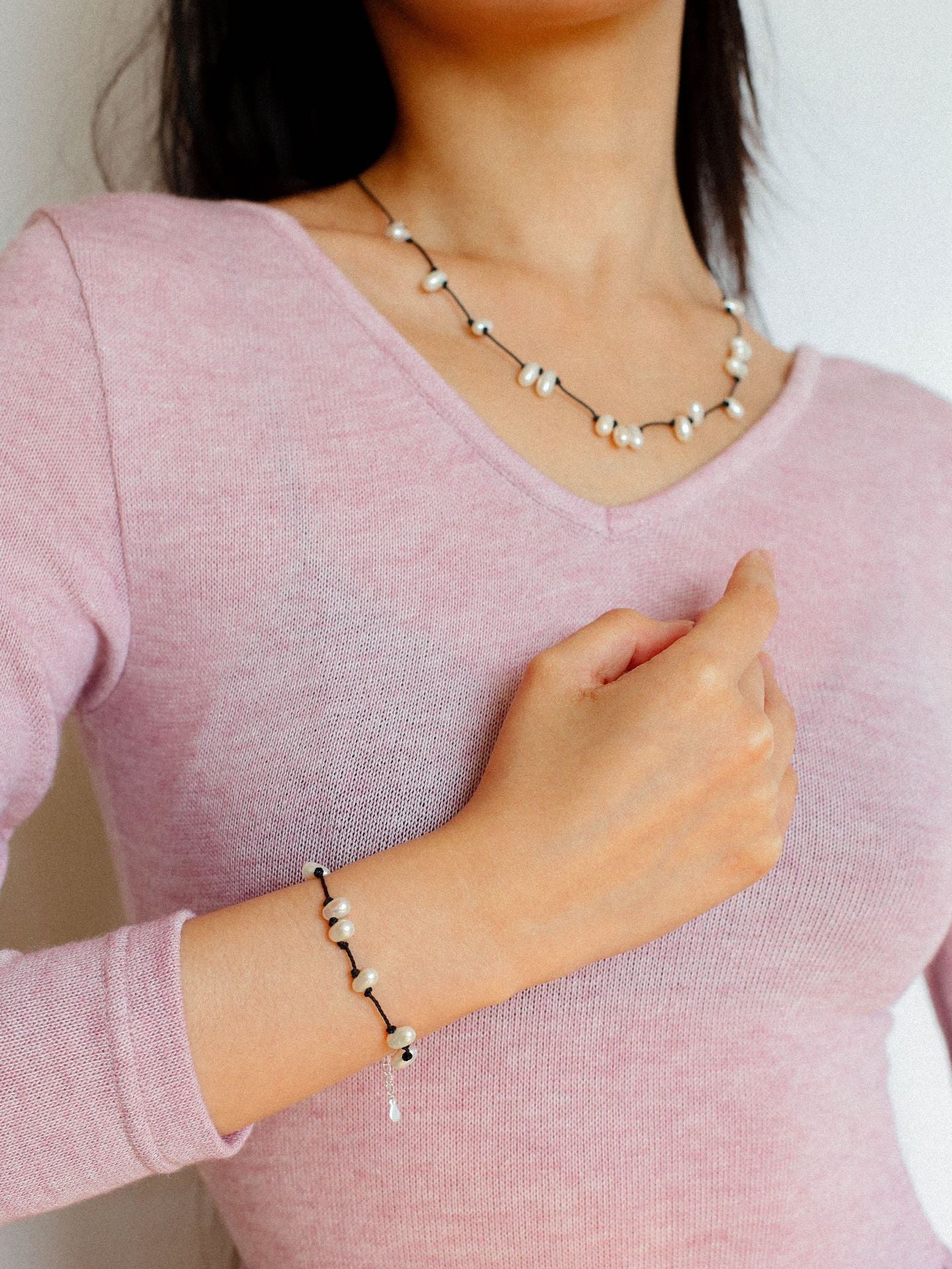 Tied Grace Black Cord Pearl Bracelet