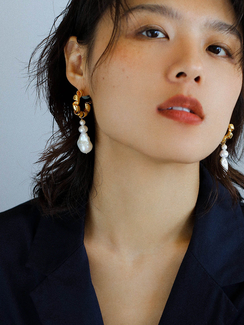 Twisted Gold Baroque Pearl Drop Earrings