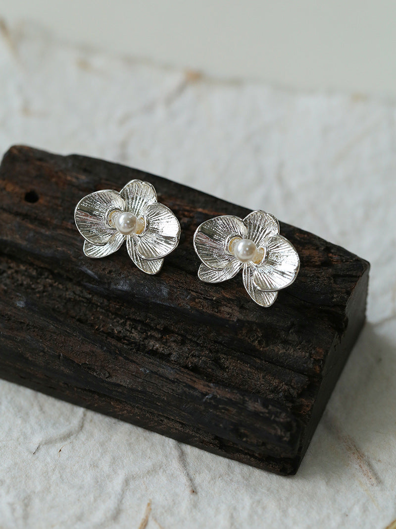 Silver Orchid Pearl Stud Earrings