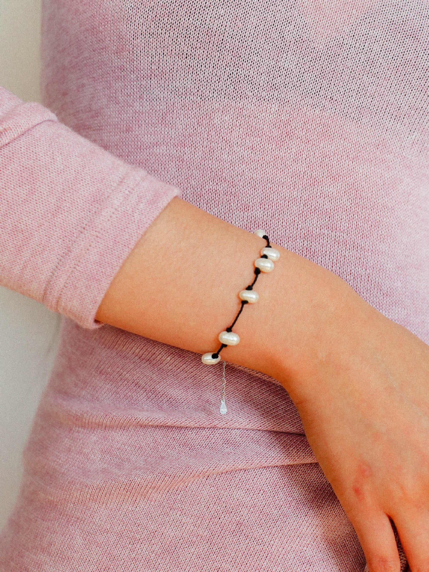 Tied Grace Black Cord Pearl Bracelet