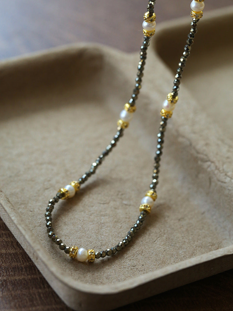 Boho Golden Pyrite & Pearl Choker