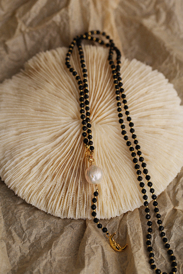 Baroque Pearl & Onyx Moon Pendant Y Necklace