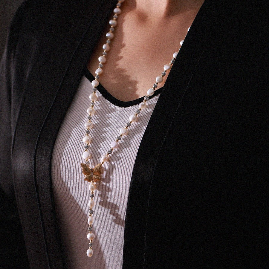 Butterfly Pearl & Zircon Beaded Long Necklace