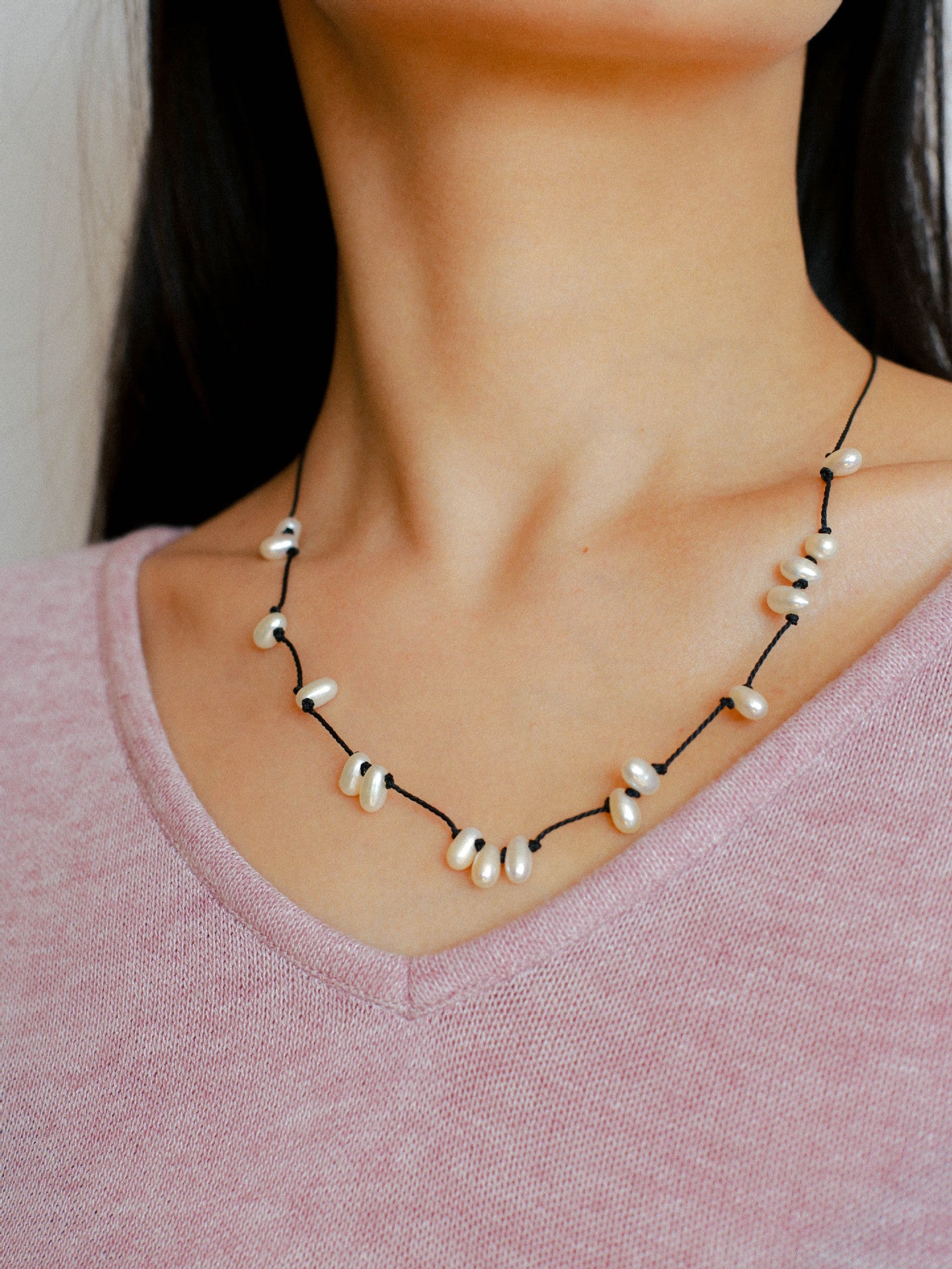Tied Grace Black Cord Pearl Necklace