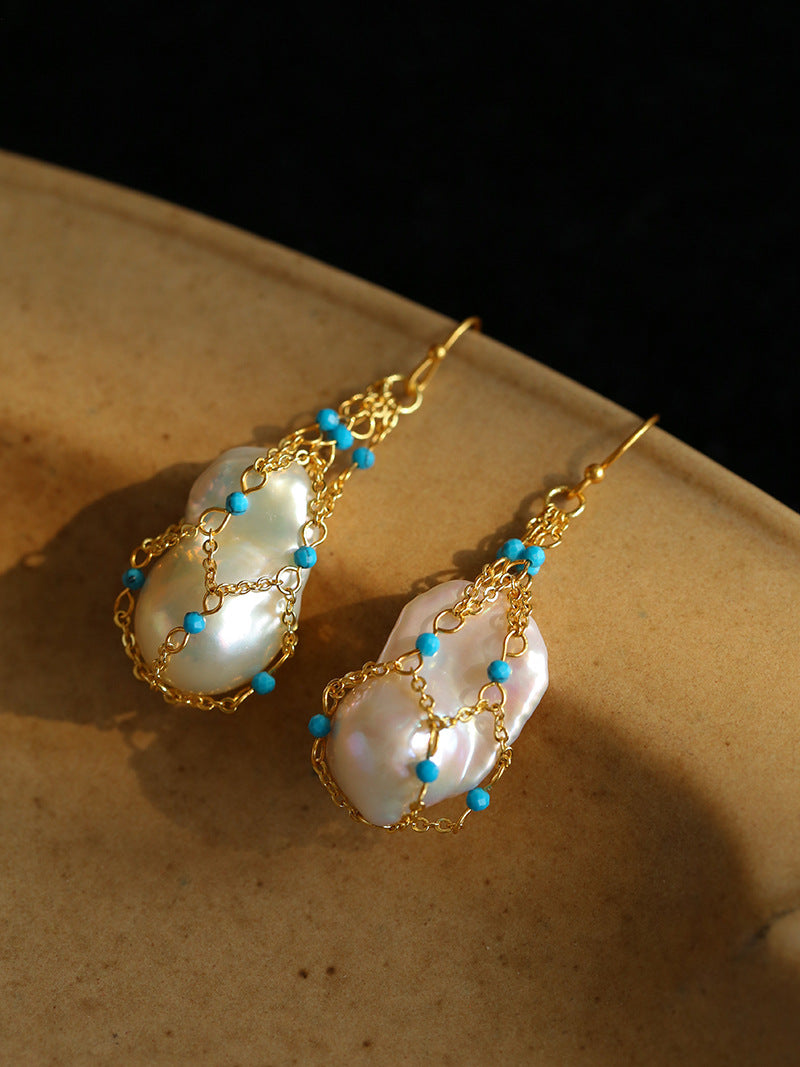 Blue Turquoise Net-Wrapped Baroque Pearl Earrings