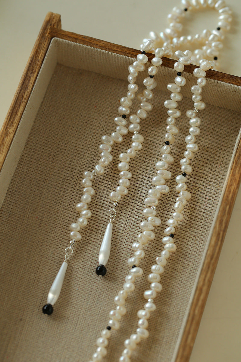 Raindrop Pearl & Onyx Long Necklace