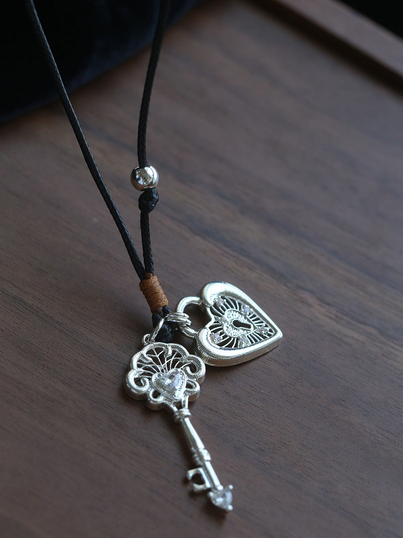 Key & Heart Pendant Rope Necklace