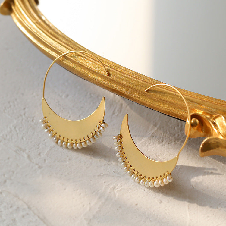 Luna Woven Pearl Crescent Hoop Earrings