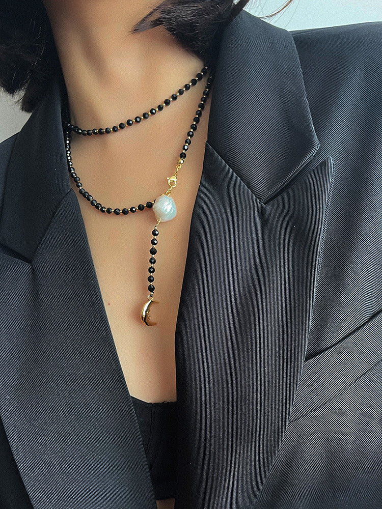 Baroque Pearl & Onyx Moon Pendant Y Necklace