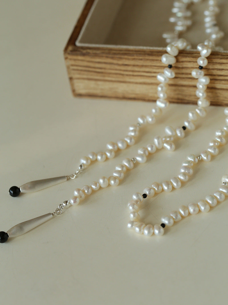 Raindrop Pearl & Onyx Long Necklace