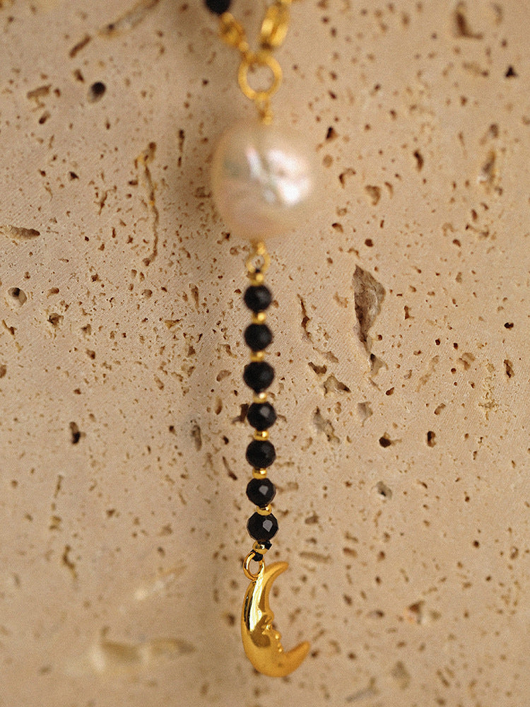 Baroque Pearl & Onyx Moon Pendant Y Necklace