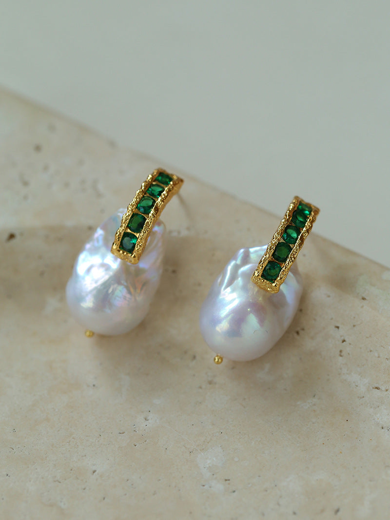 Baroque Pearl & Green Zircon Hoop Earrings