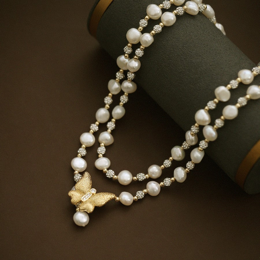Butterfly Pearl & Zircon Beaded Long Necklace