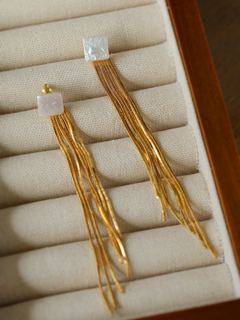 Baroque Flow Long Tassel Square Pearl Earrings