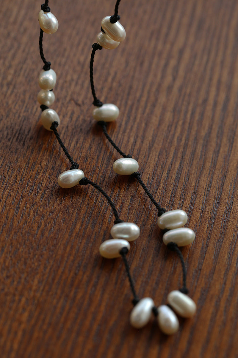 Tied Grace Black Cord Pearl Necklace
