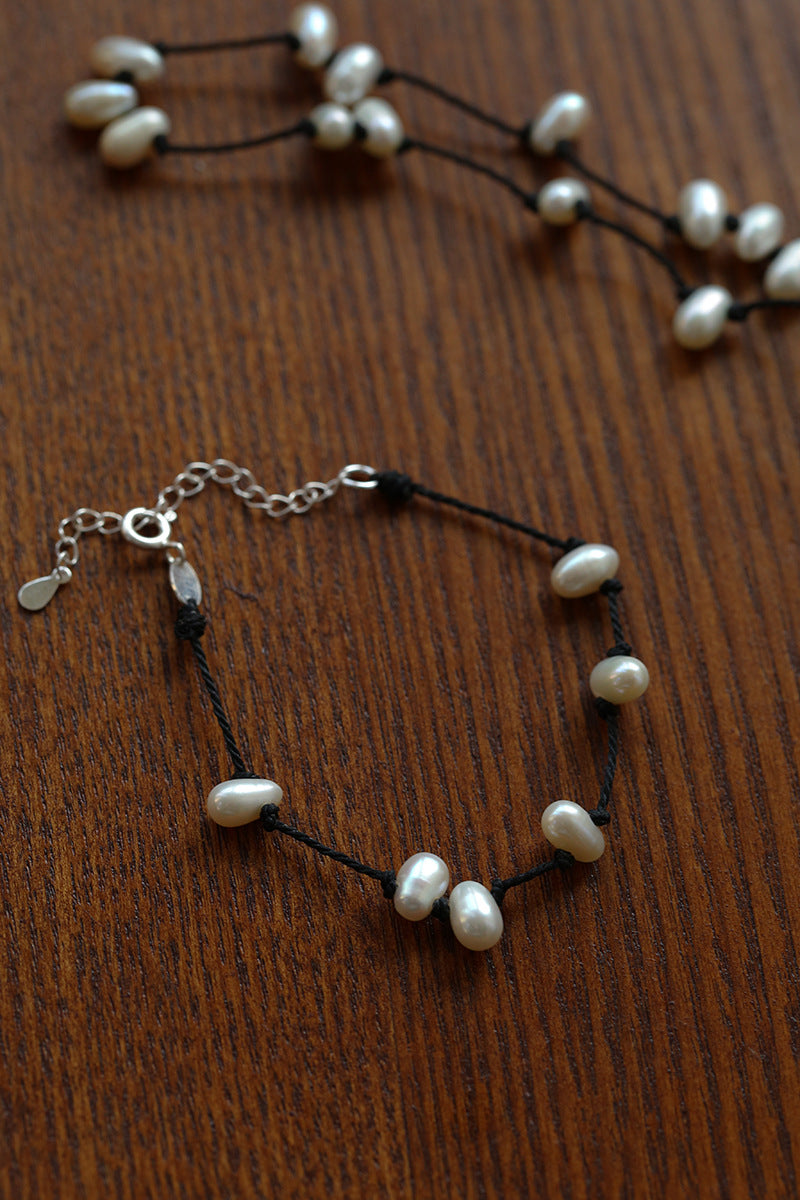 Tied Grace Black Cord Pearl Bracelet