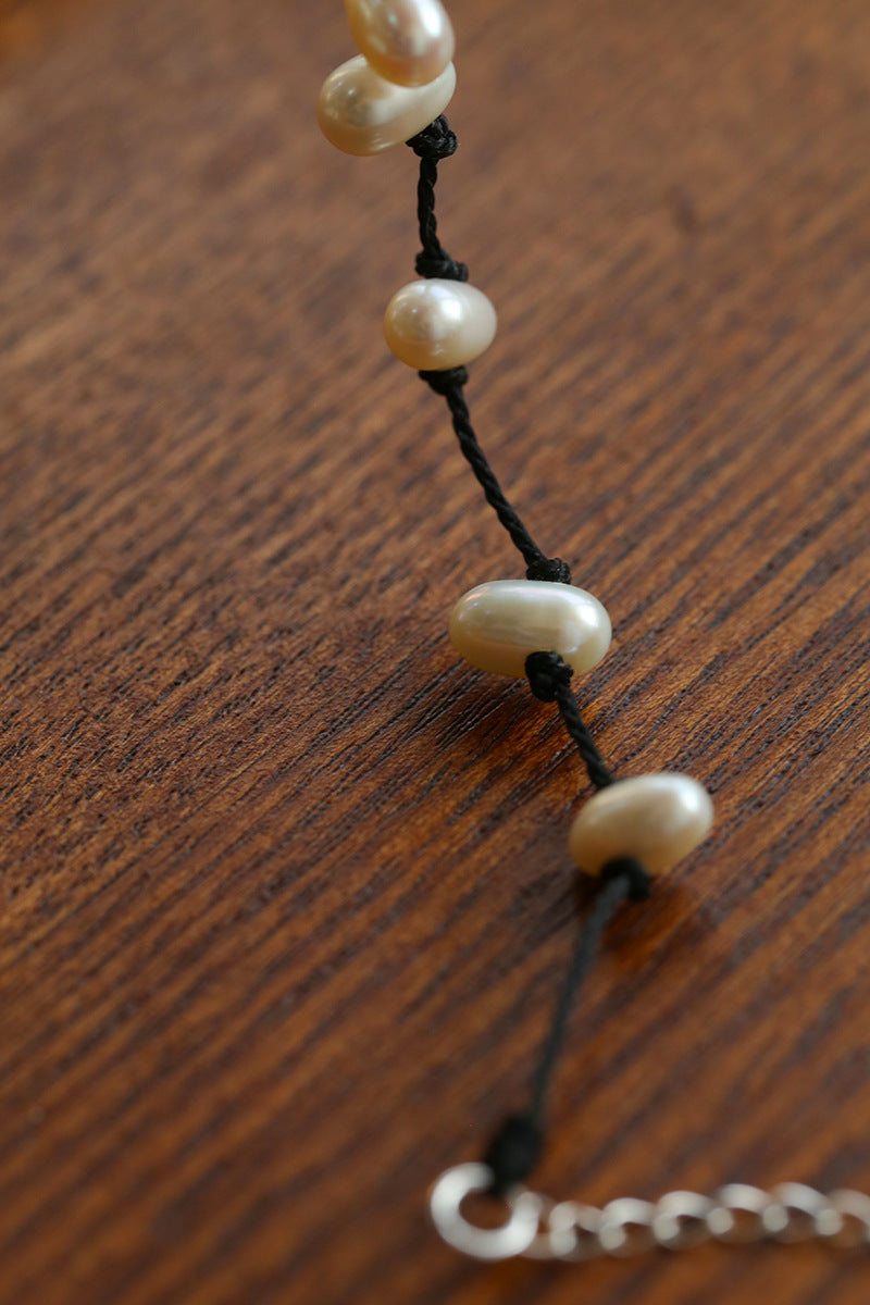 Tied Grace Black Cord Pearl Bracelet