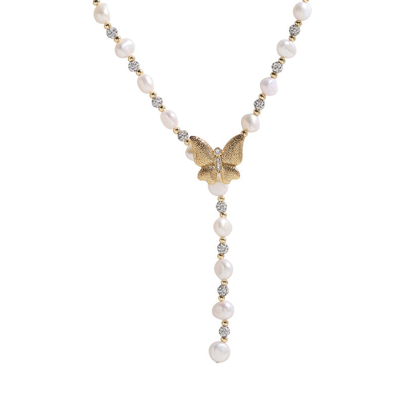 Butterfly Pearl & Zircon Beaded Long Necklace