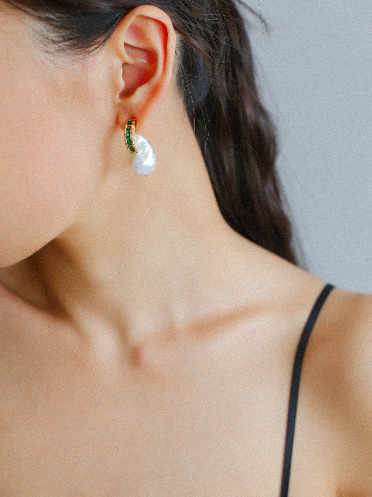 Baroque Pearl & Green Zircon Hoop Earrings