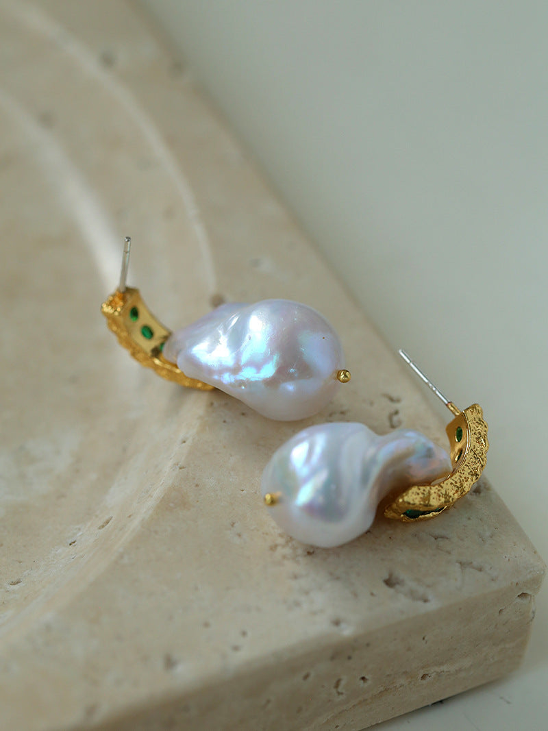 Baroque Pearl & Green Zircon Hoop Earrings