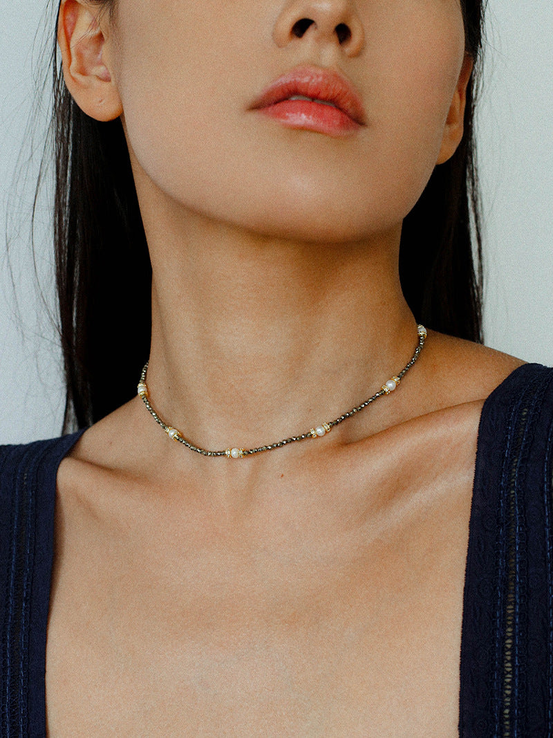 Boho Golden Pyrite & Pearl Choker