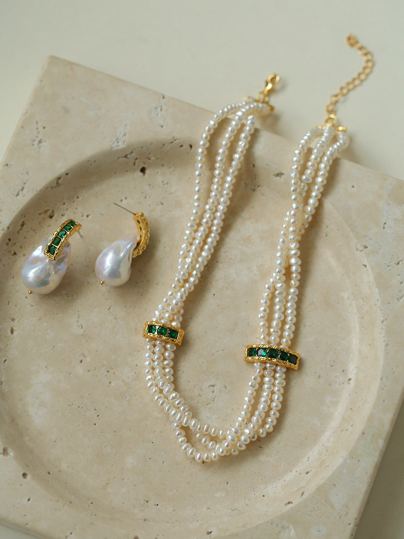Baroque Pearl & Green Zircon Hoop Earrings