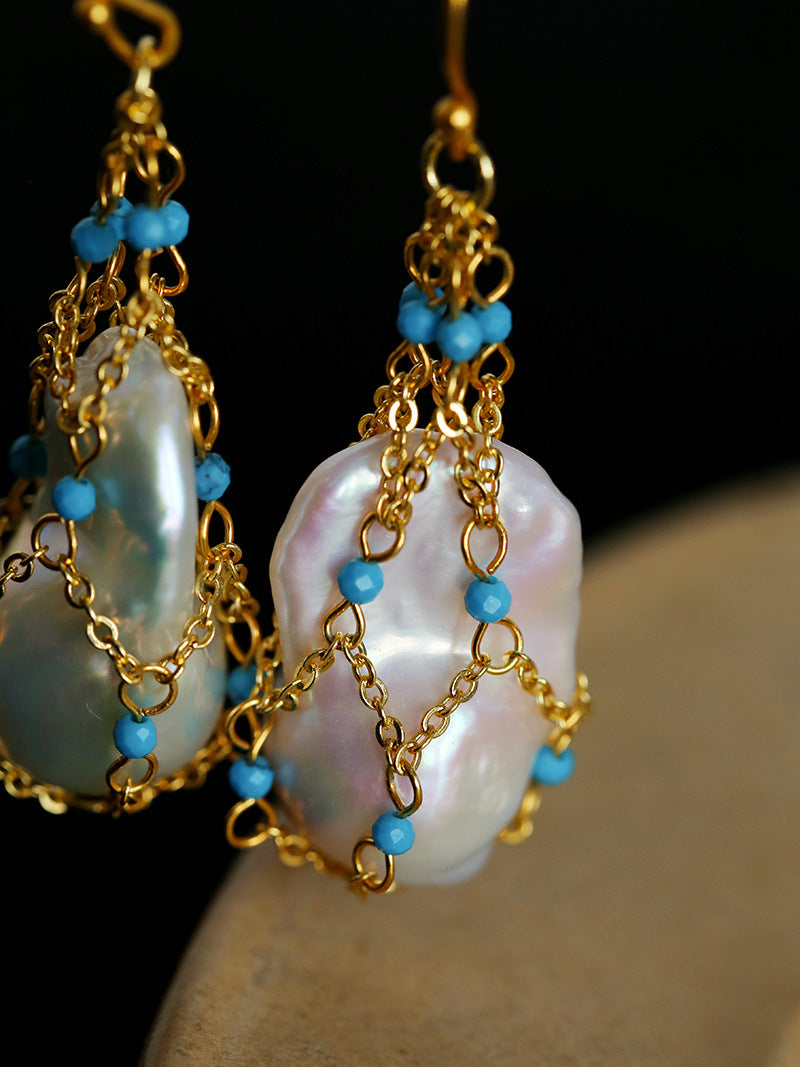 Blue Turquoise Net-Wrapped Baroque Pearl Necklace