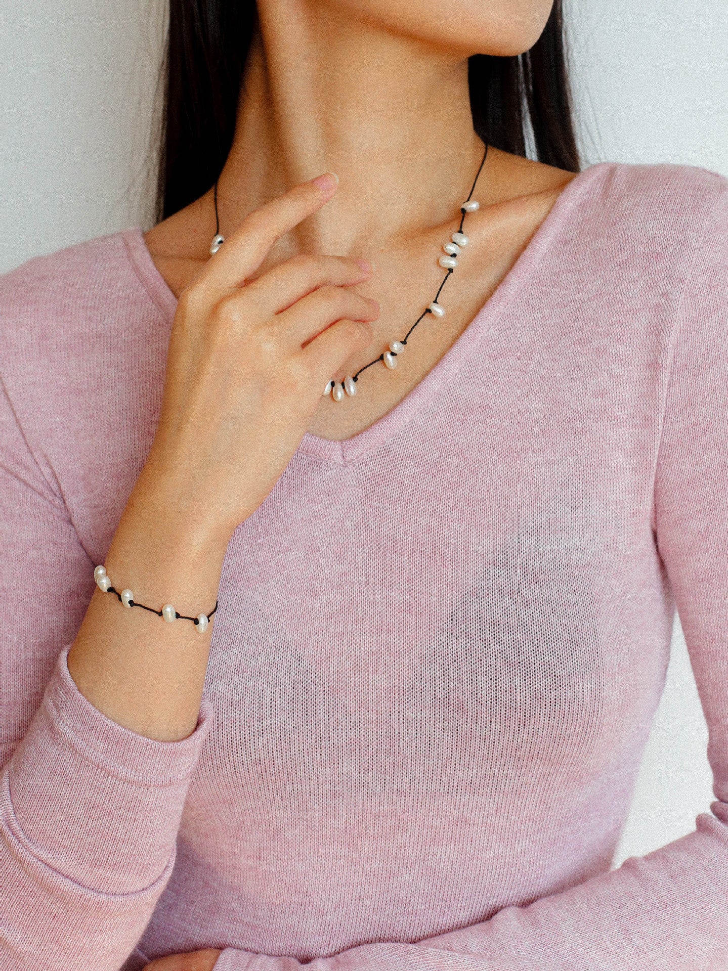Tied Grace Black Cord Pearl Bracelet