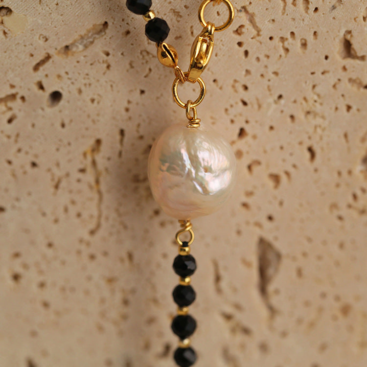 Baroque Pearl & Onyx Moon Pendant Y Necklace