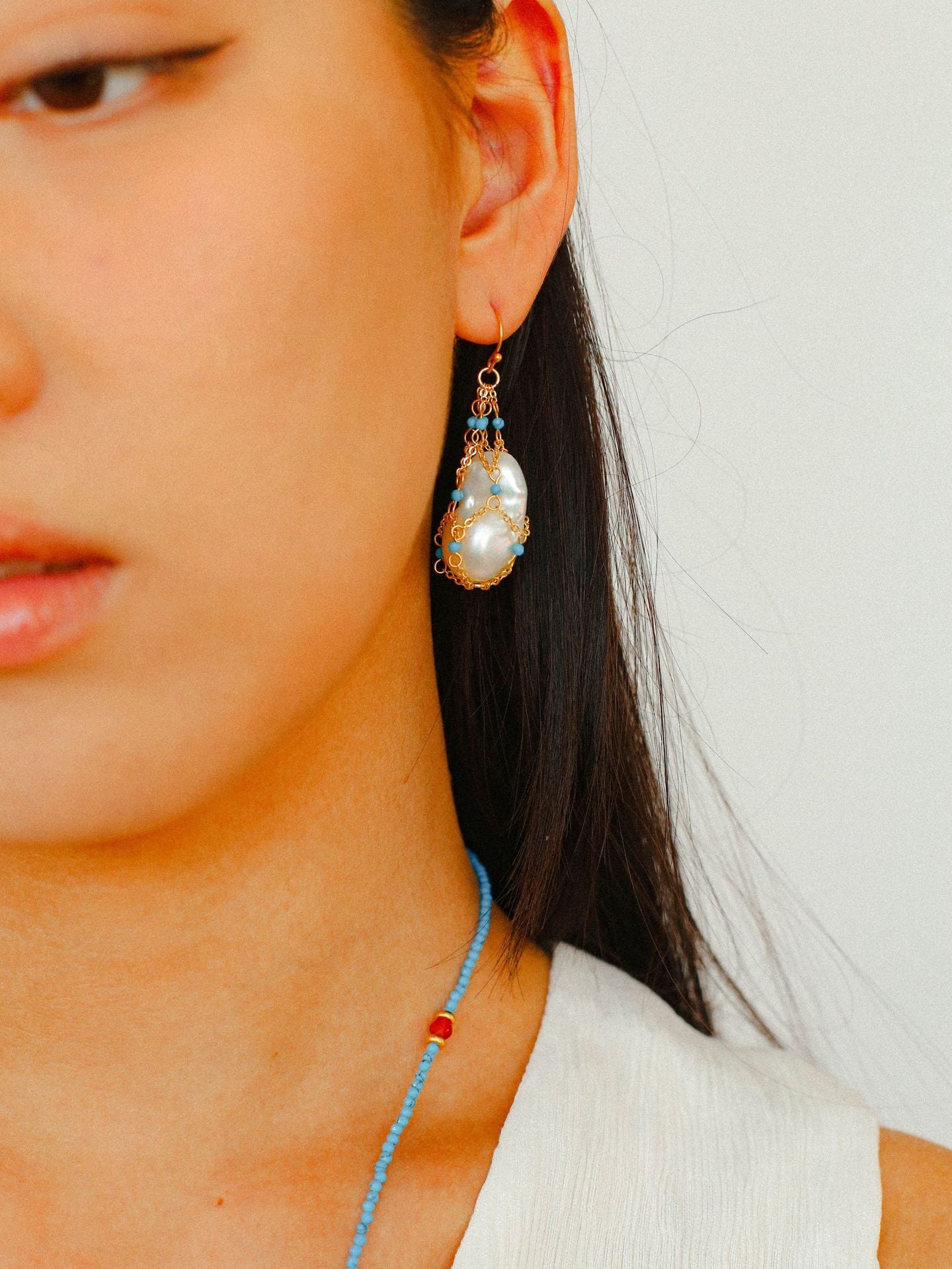 Blue Turquoise Net-Wrapped Baroque Pearl Earrings