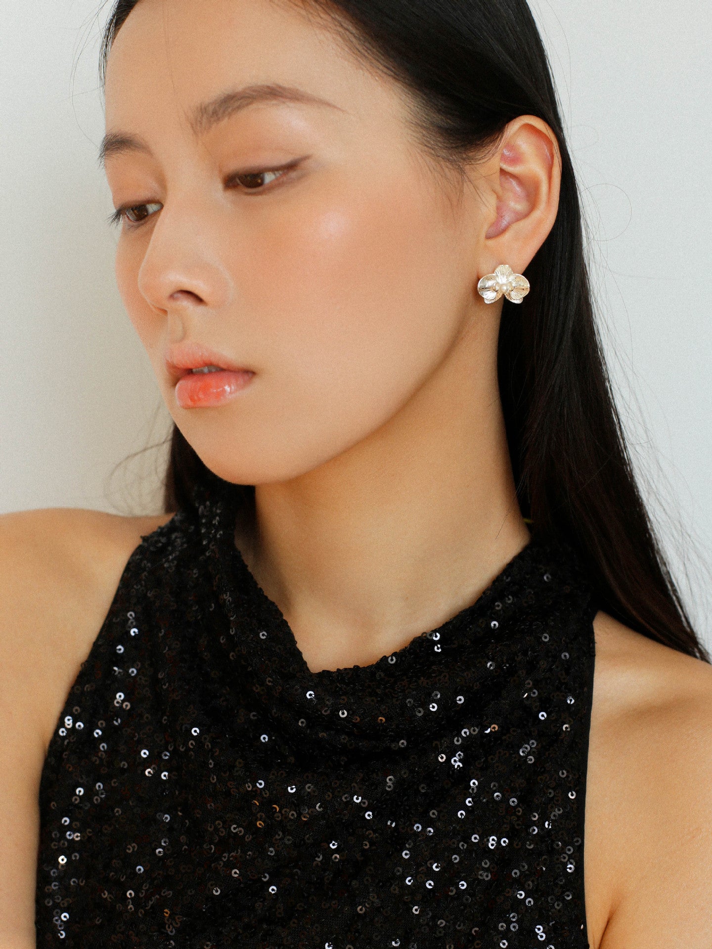 Silver Orchid Pearl Stud Earrings