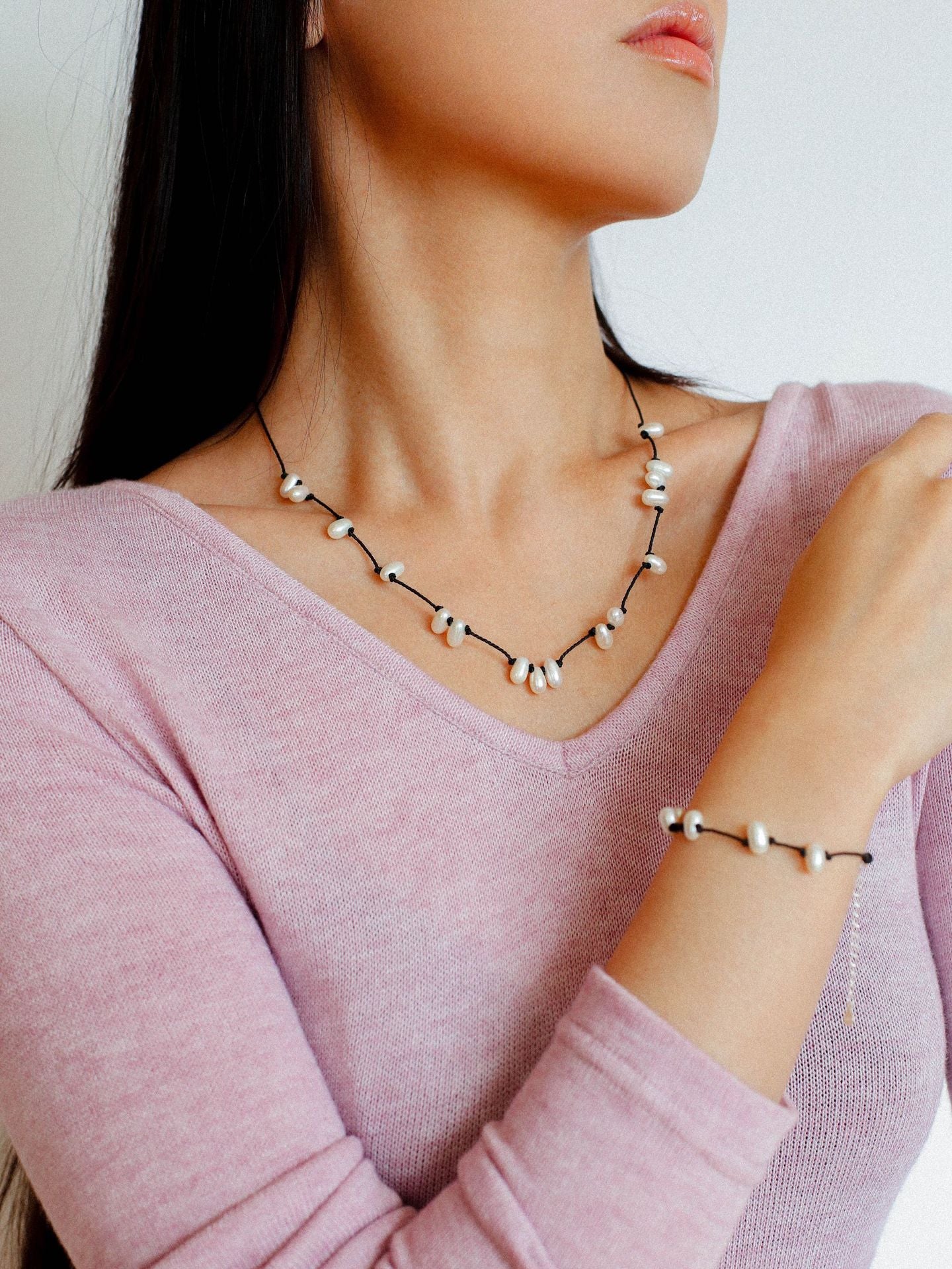 Tied Grace Black Cord Pearl Bracelet