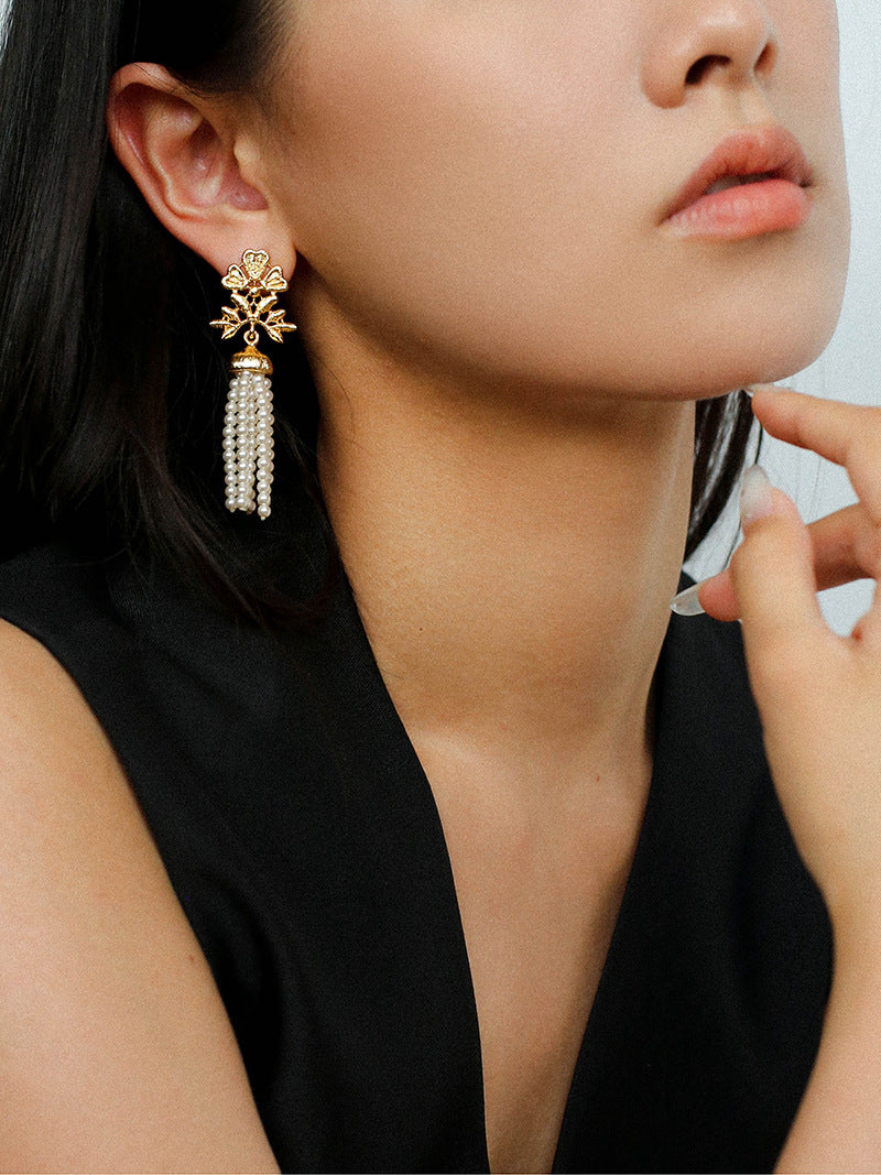 Filigree Lace Tassel Pearl Earrings